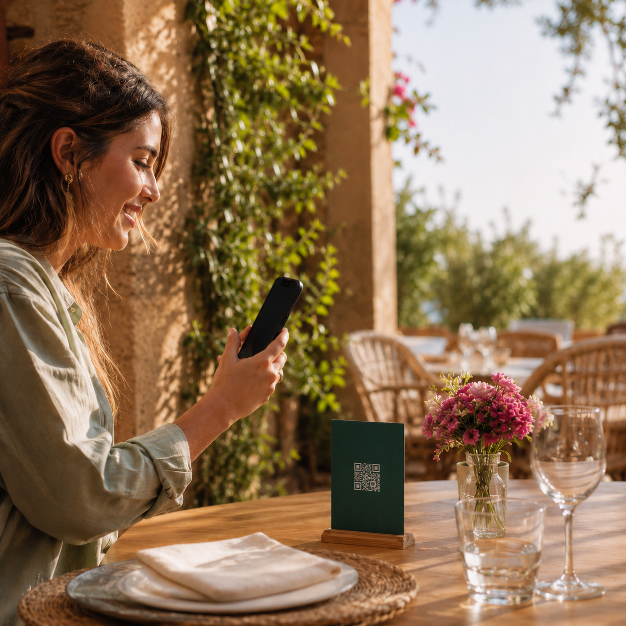 Clienta viendo la carta digital de menu0 en su móvil en la terraza de un restaurante